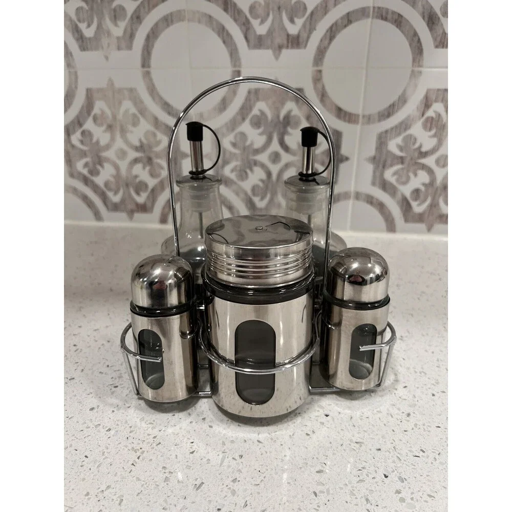 VTG Oil Vinegar‎ Salt Pepper Cruet Set Caddy w/Handle